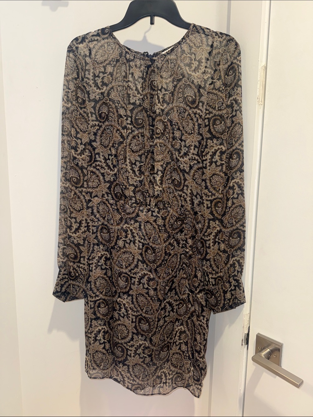 Veronica Beard Black and Tan Paisley Sheer Long-Sleeve Dress